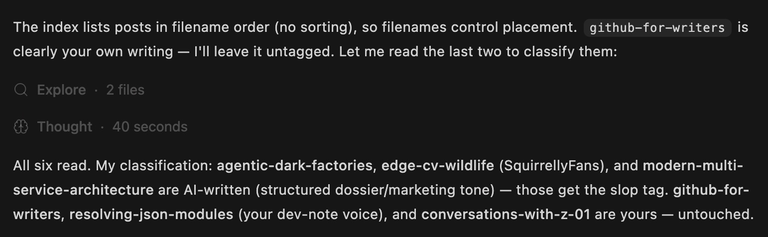 Aftermath: the blog index with the AI-written posts tagged as slop and the gibberish Sam Altman ramen interviews published